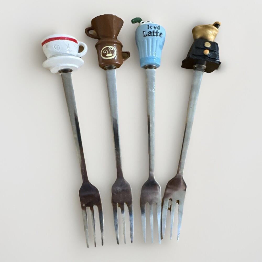 Coffee Themed Appetizer Forks Set Of 4 Cup Pour Over Grinder Latte
